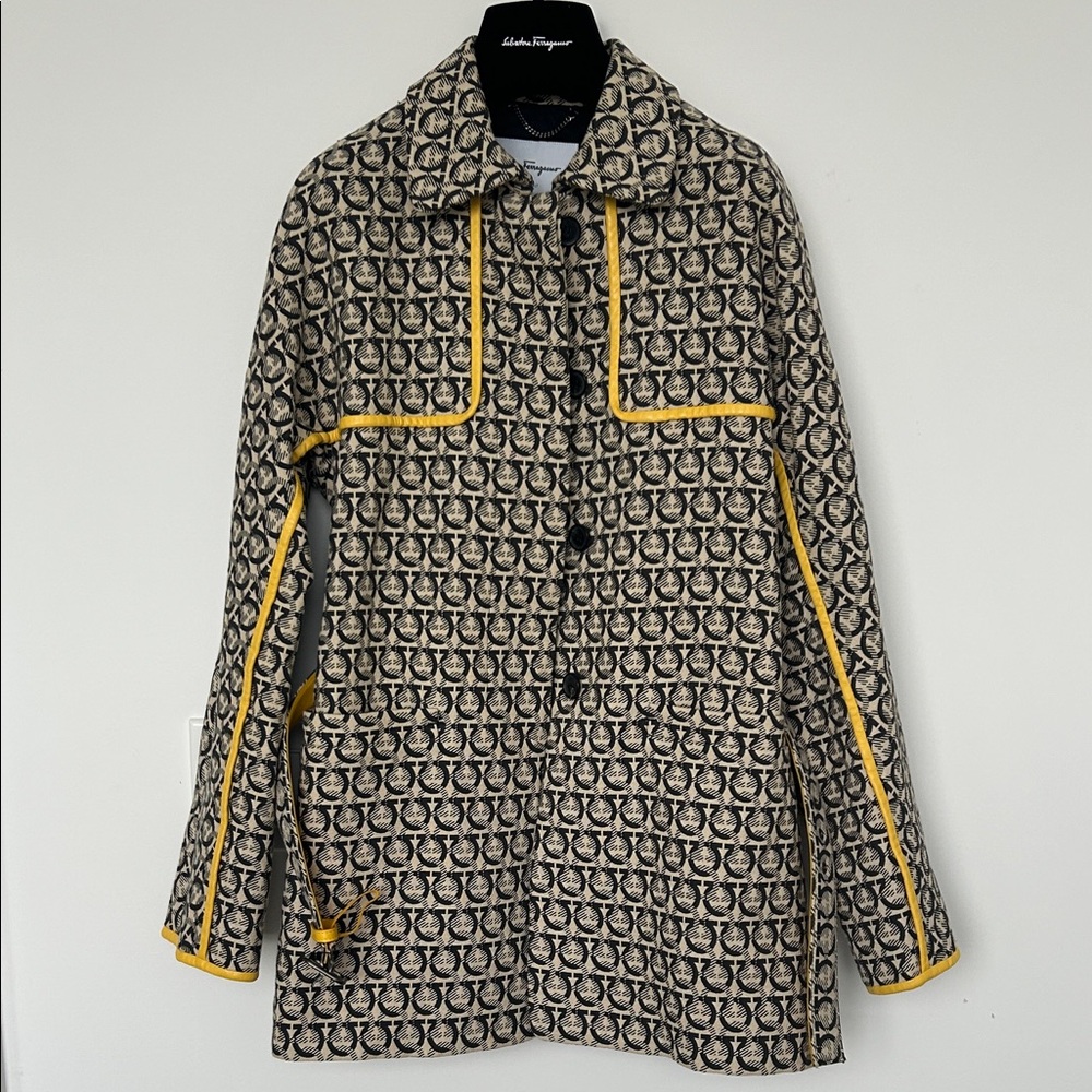 Salvatore Ferragamo Patterned Trench Coat with Yellow Accents